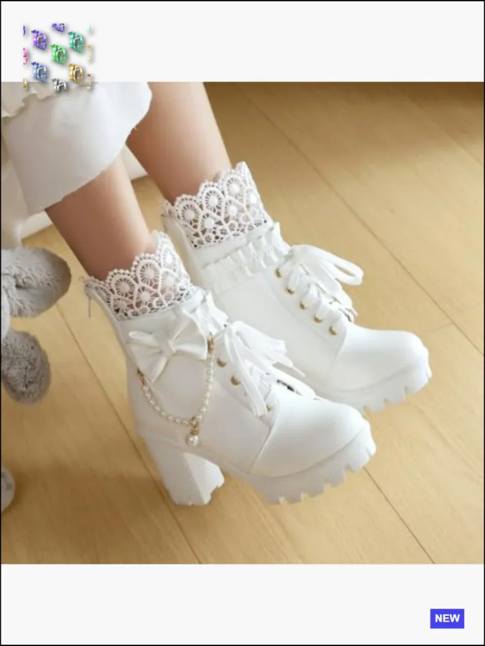 Platform Ankle Boots with Lace Pearl Chain Bow Chunky High Heel Goth Combat
